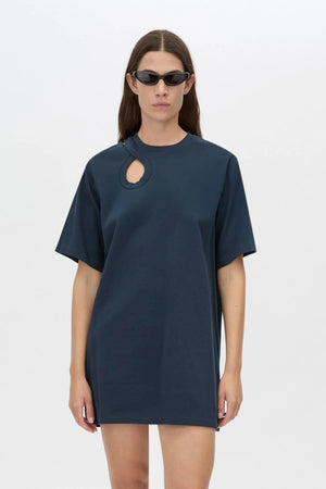 Pablo Tee Mini Dress by Camilla and Marc — a navy cotton mini dress with an asymmetric neckline cut-out for a modern everyday look.