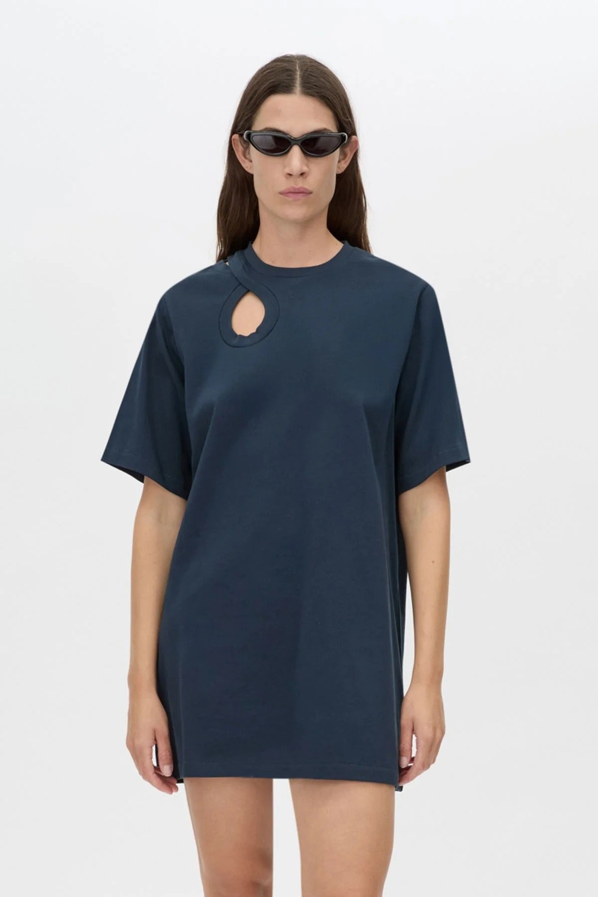 Pablo Tee Mini Dress by Camilla and Marc — a navy cotton mini dress with an asymmetric neckline cut-out for a modern everyday look.