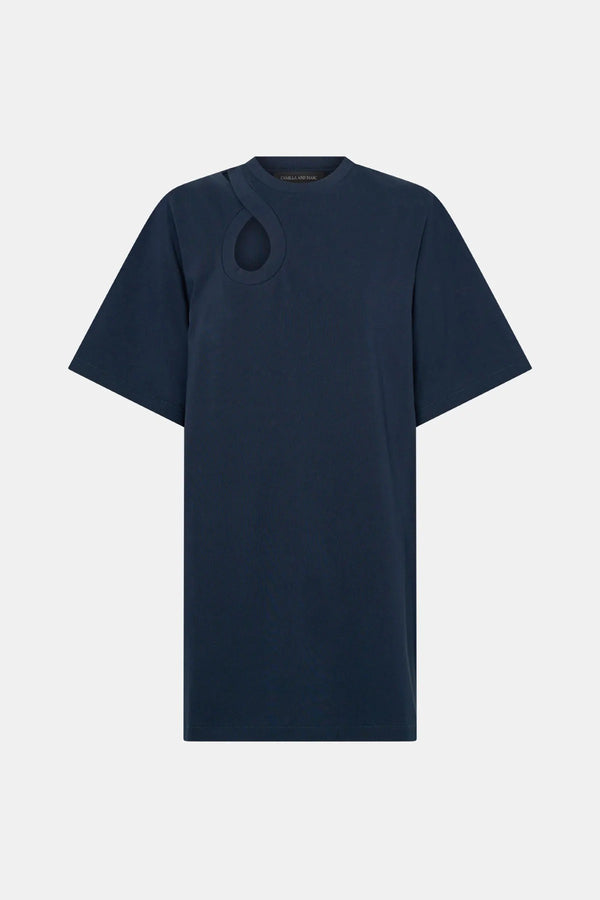 Pablo Tee Mini Dress by Camilla and Marc — a navy cotton mini dress with an asymmetric neckline cut-out for a modern everyday look.