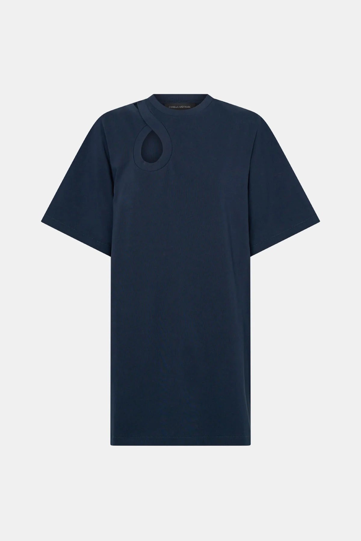 Pablo Tee Mini Dress by Camilla and Marc — a navy cotton mini dress with an asymmetric neckline cut-out for a modern everyday look.