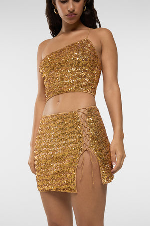 Paillettes Lace Mini Skirt Ambra by Oseree, sequin mini skirt with lace detail. Perfect for nights out or statement looks.