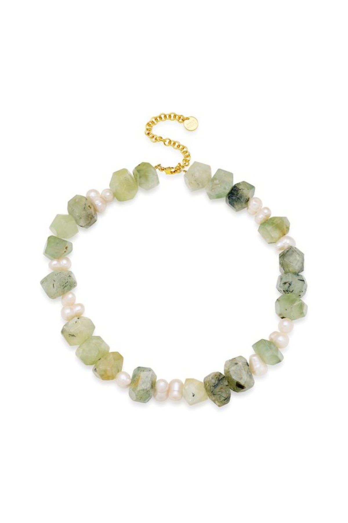 Palma Necklace by Amber Sceats – handcrafted in Italy with 24K gold plating, prehnite stones, and freshwater pearls for timeless luxury.
