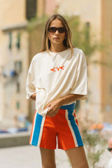 Palma Short Lobster Red by Araminta James, cotton knit shorts with contrast velour stripes and elastic waist, a trendy piece perfect for sunny days and casual sets.