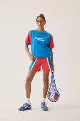 Palma Short Lobster Red by Araminta James, cotton knit shorts with contrast velour stripes and elastic waist, a trendy piece perfect for sunny days and casual sets.