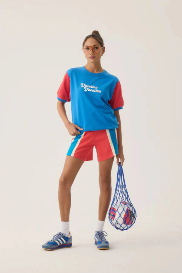 Palma Short Lobster Red by Araminta James, cotton knit shorts with contrast velour stripes and elastic waist, a trendy piece perfect for sunny days and casual sets.