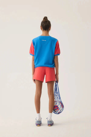 Palma Short Lobster Red by Araminta James, cotton knit shorts with contrast velour stripes and elastic waist, a trendy piece perfect for sunny days and casual sets.