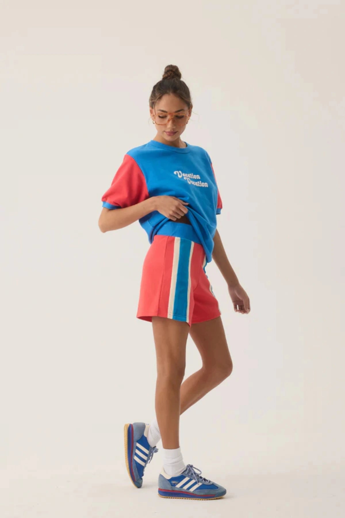 Palma Short Lobster Red by Araminta James, cotton knit shorts with contrast velour stripes and elastic waist, a trendy piece perfect for sunny days and casual sets.