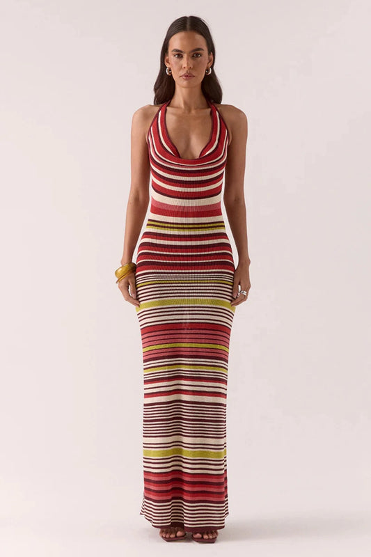 Pandora Knit Dress Stripe by Sovere – halter neck maxi with cowl neckline and fitted silhouette. Perfect for sunset dinners or nights out.