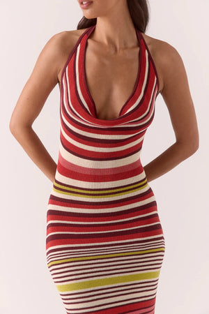 Pandora Knit Dress Stripe by Sovere – halter neck maxi with cowl neckline and fitted silhouette. Perfect for sunset dinners or nights out.