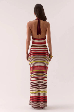 Pandora Knit Dress Stripe by Sovere – halter neck maxi with cowl neckline and fitted silhouette. Perfect for sunset dinners or nights out.