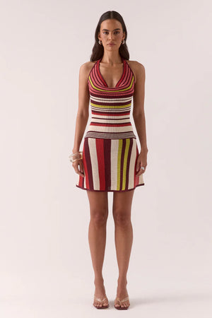 Pandora Knit Mini Dress Stripe by Sovere – halter mini with cowl neckline and A-line fit. Perfect for warm days or resort dressing.