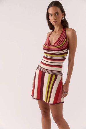 Pandora Knit Mini Dress Stripe by Sovere – halter mini with cowl neckline and A-line fit. Perfect for warm days or resort dressing.