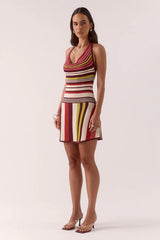 Pandora Knit Mini Dress Stripe by Sovere – halter mini with cowl neckline and A-line fit. Perfect for warm days or resort dressing.