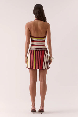 Pandora Knit Mini Dress Stripe by Sovere – halter mini with cowl neckline and A-line fit. Perfect for warm days or resort dressing.