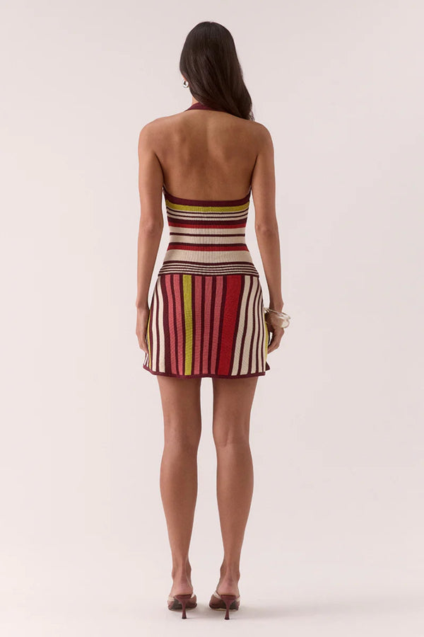 Pandora Knit Mini Dress Stripe by Sovere – halter mini with cowl neckline and A-line fit. Perfect for warm days or resort dressing.