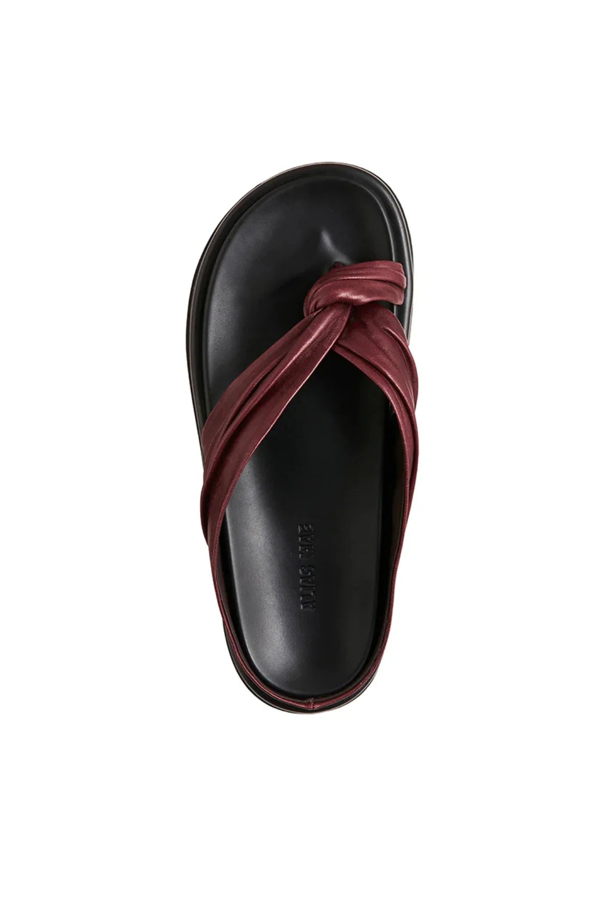 Paola Sandal in Burgundy Leather by Alias Mae, a ruched leather flat with twisted thong detail and moulded footbed, perfect for relaxed, refined styling.