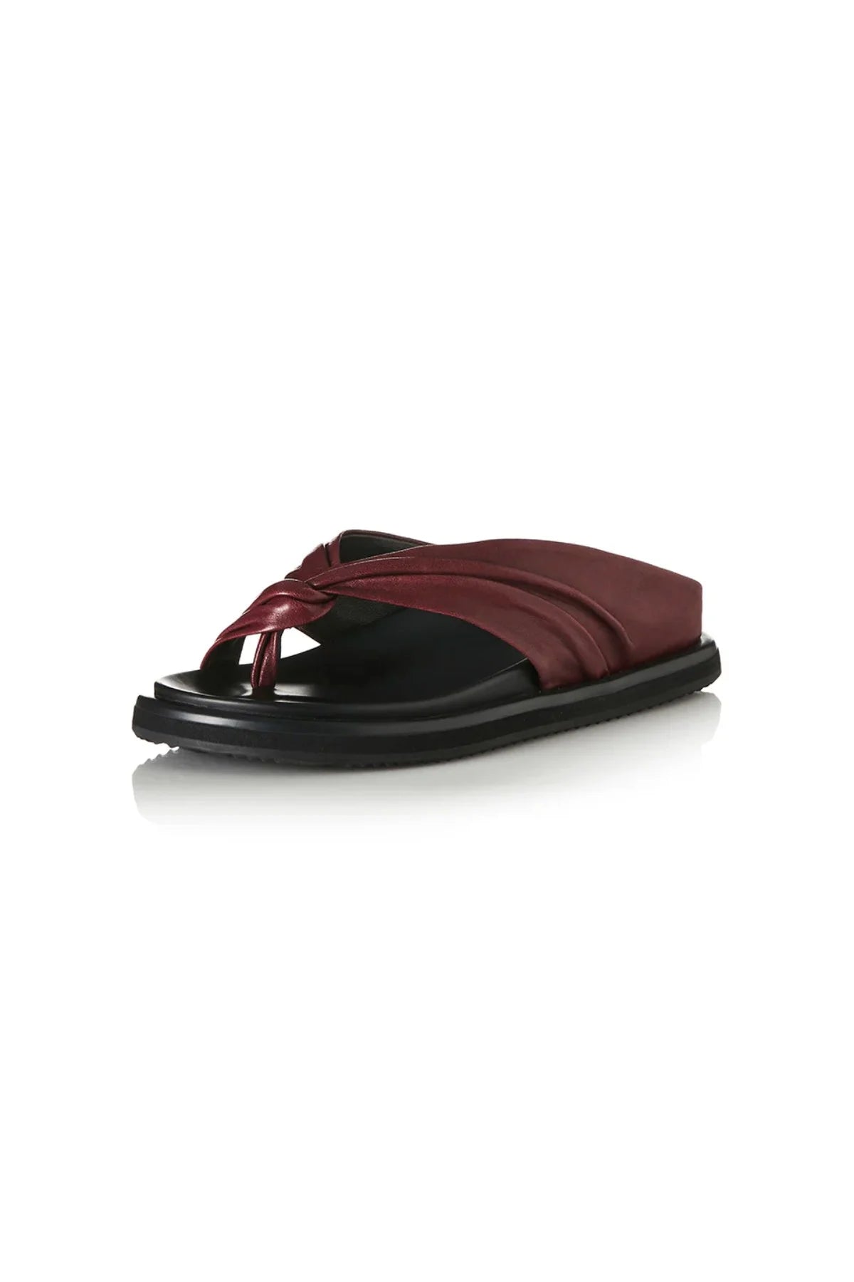 Paola Sandal in Burgundy Leather by Alias Mae, a ruched leather flat with twisted thong detail and moulded footbed, perfect for relaxed, refined styling.