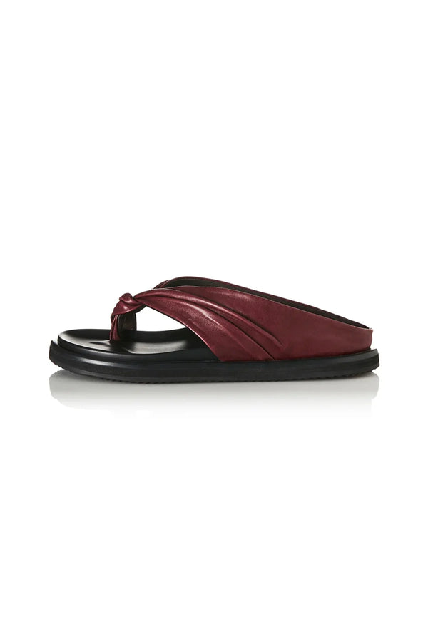 Paola Sandal in Burgundy Leather by Alias Mae, a ruched leather flat with twisted thong detail and moulded footbed, perfect for relaxed, refined styling.