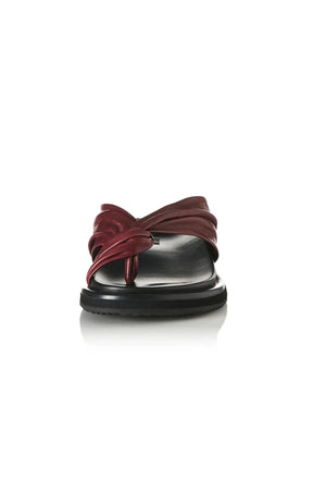 Paola Sandal in Burgundy Leather by Alias Mae, a ruched leather flat with twisted thong detail and moulded footbed, perfect for relaxed, refined styling.