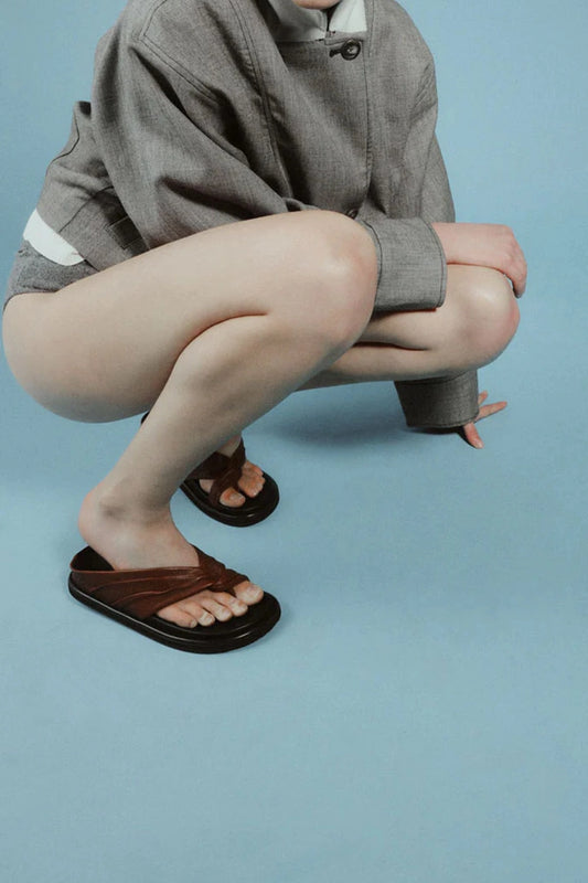 Paola Sandal in Burgundy Leather by Alias Mae, a ruched leather flat with twisted thong detail and moulded footbed, perfect for relaxed, refined styling.
