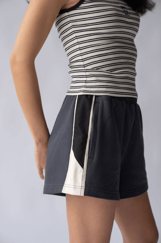 Parisienne Track Short Noir by Araminta James, cotton shorts with elastic waist and contrast trim. Perfect for casual days or off duty looks.