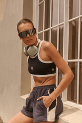 Parisienne Track Short Noir by Araminta James, cotton shorts with elastic waist and contrast trim. Perfect for casual days or off duty looks.