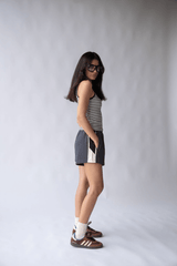 Parisienne Track Short Noir by Araminta James, cotton shorts with elastic waist and contrast trim. Perfect for casual days or off duty looks.