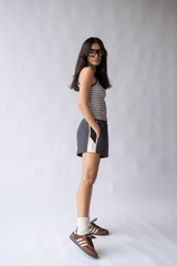 Parisienne Track Short Noir by Araminta James, cotton shorts with elastic waist and contrast trim. Perfect for casual days or off duty looks.