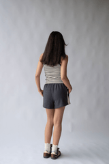 Parisienne Track Short Noir by Araminta James, cotton shorts with elastic waist and contrast trim. Perfect for casual days or off duty looks.