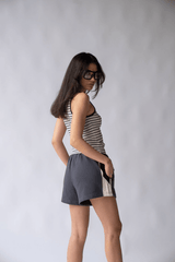 Parisienne Track Short Noir by Araminta James, cotton shorts with elastic waist and contrast trim. Perfect for casual days or off duty looks.