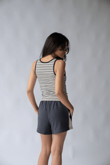 Parisienne Track Short Noir by Araminta James, cotton shorts with elastic waist and contrast trim. Perfect for casual days or off duty looks.