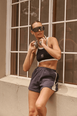 Parisienne Track Short Noir by Araminta James, cotton shorts with elastic waist and contrast trim. Perfect for casual days or off duty looks.