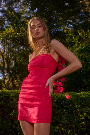 Pasduchas Cleo Mini Dress in soft-touch organza, featuring square neckline, removable petal strap details, fitted silhouette, and mini length.
