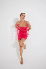Pasduchas Cleo Mini Dress in soft-touch organza, featuring square neckline, removable petal strap details, fitted silhouette, and mini length.
