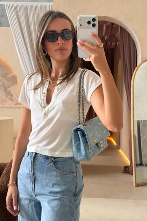 Pat Baby Tee by Sneaky Link – a soft fitted henley tee with ribbed neckline and stretch. Perfect for easy everyday layering.