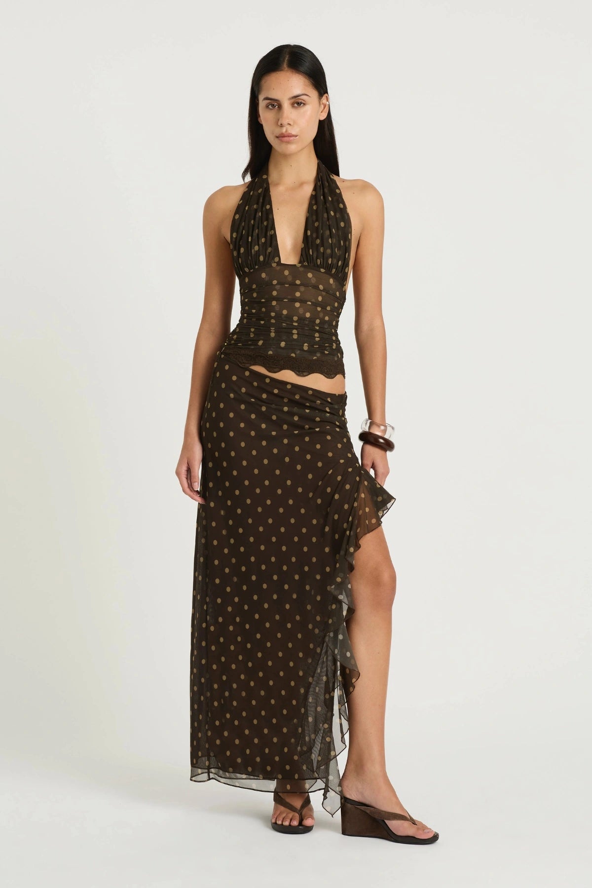 Penelope Maxi Dress by Benni — a stretch mesh halter dress with a gathered waist and thigh-high split, perfect for elegant warm-weather events.