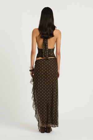 Penelope Maxi Dress by Benni — a stretch mesh halter dress with a gathered waist and thigh-high split, perfect for elegant warm-weather events. 