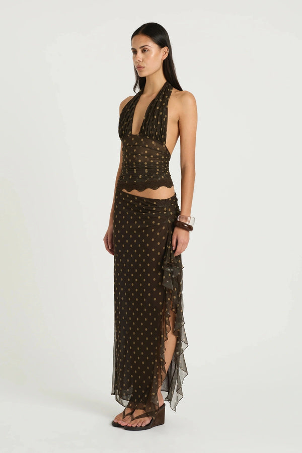 Penelope Maxi Dress by Benni — a stretch mesh halter dress with a gathered waist and thigh-high split, perfect for elegant warm-weather events.