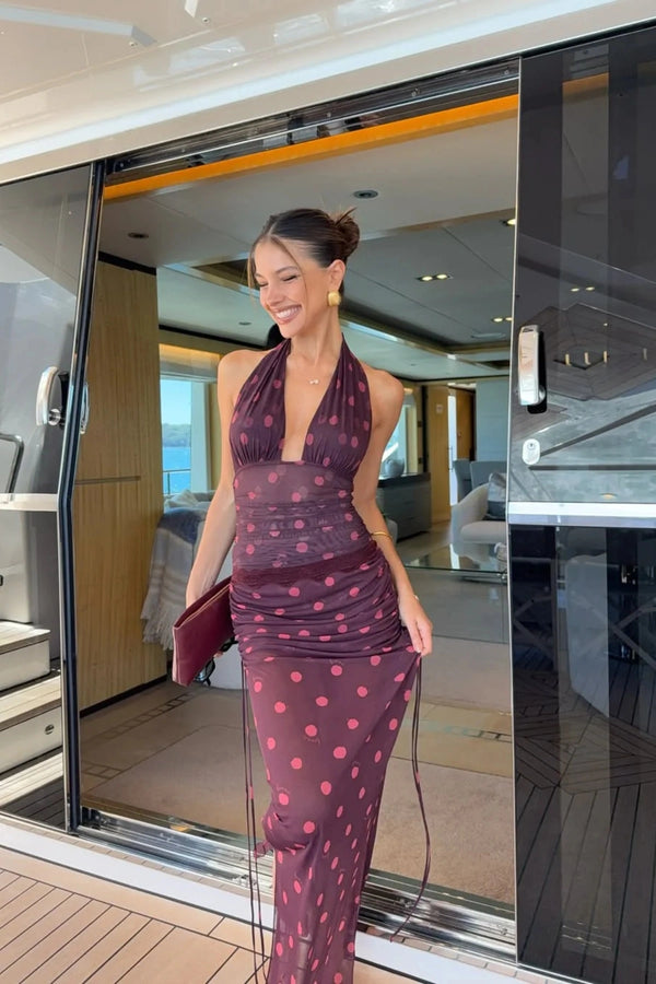 Penelope Top Plum Spot by Benni, a plunge halter lace-trim style with adjustable ties and stretch mesh lining for elevated day-to-night dressing.
