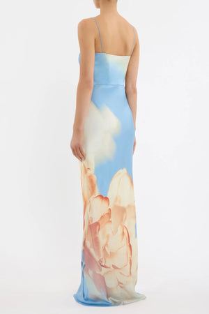 Perez Maxi Dress by Rebecca Vallance, a floral silk gown with gold U-wire and bodice cut-outs. Perfect for weddings and formal events.