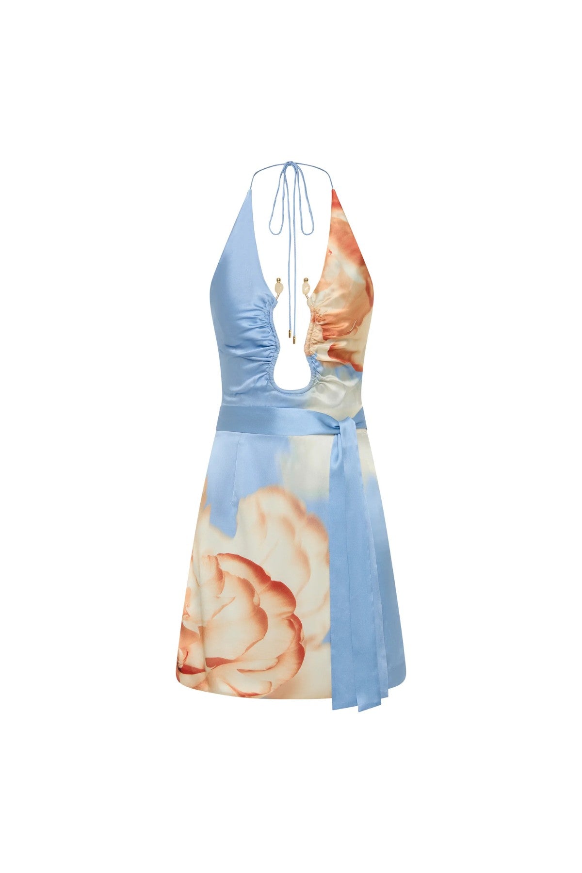 Perez Mini Dress by Rebecca Vallance, a printed silk halter mini with gold U-wire and waist tie. Perfect for garden parties and events.