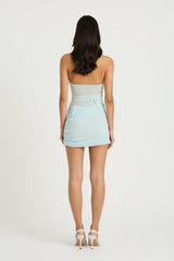 Perry Mini Dress Fresh Mint by Benni, asymmetric halter mini with sheer bodice, soft ruching and floral details, a playful yet elegant trendy look.