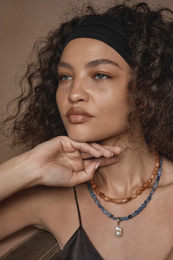 Perugia Necklace Blue by Amber Sceats, gold-plated necklace with polished Blue Aventurine, a timeless trendy piece for day-to-night styling.