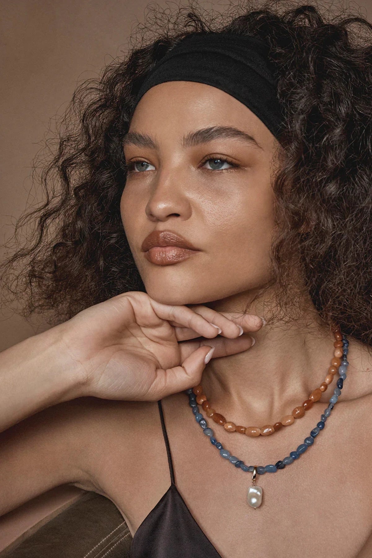 Perugia Necklace Blue by Amber Sceats, gold-plated necklace with polished Blue Aventurine, a timeless trendy piece for day-to-night styling.