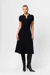 Petra Midi Dress in Black by Mossman, a collared micro crepe knit midi dress with snap buttons and A-line skirt.