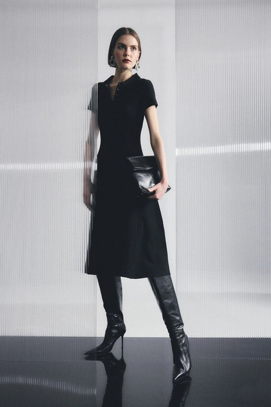Petra Midi Dress in Black by Mossman, a collared micro crepe knit midi dress with snap buttons and A-line skirt.