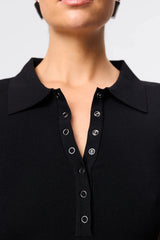 Petra Midi Dress in Black by Mossman, a collared micro crepe knit midi dress with snap buttons and A-line skirt.