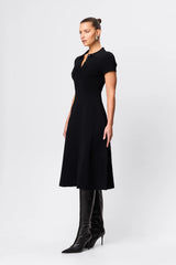 Petra Midi Dress in Black by Mossman, a collared micro crepe knit midi dress with snap buttons and A-line skirt.