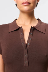 Petra Midi Dress in Chocolate by Mossman, a collared micro crepe knit midi dress with snap buttons and A-line skirt.