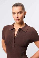 Petra Midi Dress in Chocolate by Mossman, a collared micro crepe knit midi dress with snap buttons and A-line skirt.